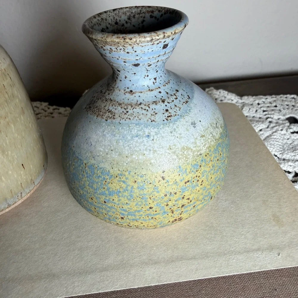 Studio Pottery Bud Vases Set 2 Signed Hand Thrown Ceramic Tan Blue Salt Glaze